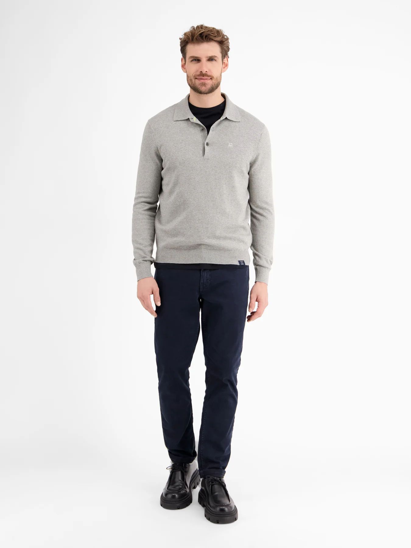 Lerros Longsleeve Knit Polo with Wool - Platinum Grey Melange