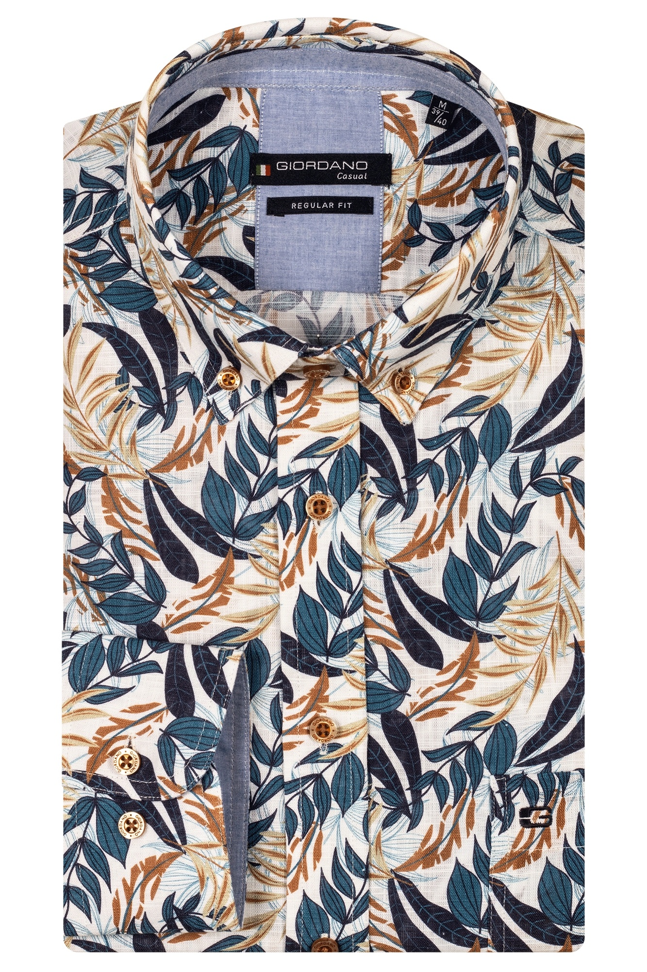 Giordano Korte Mouw Overhemd Bladerprint - Navy