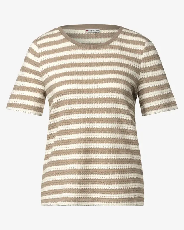 Street One Gestreept Shirt met Gebreide Look - Safari Beige