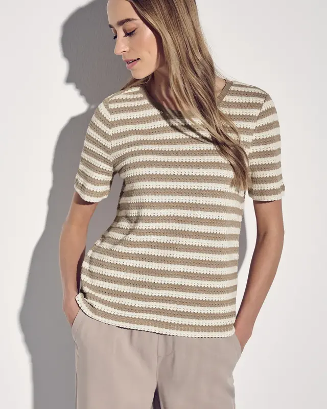 Street One Gestreept Shirt met Gebreide Look - Safari Beige