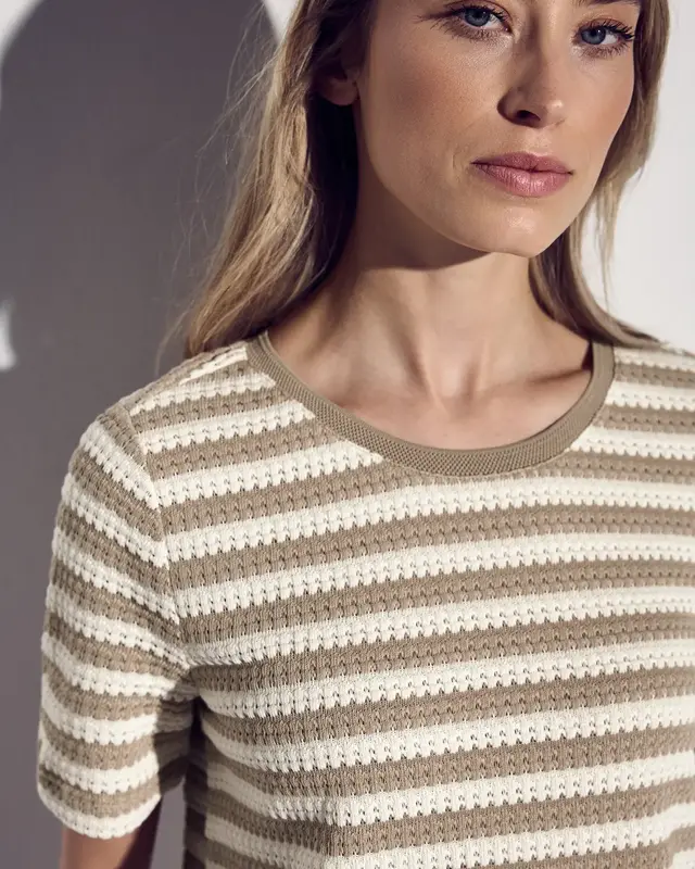 Street One Gestreept Shirt met Gebreide Look - Safari Beige