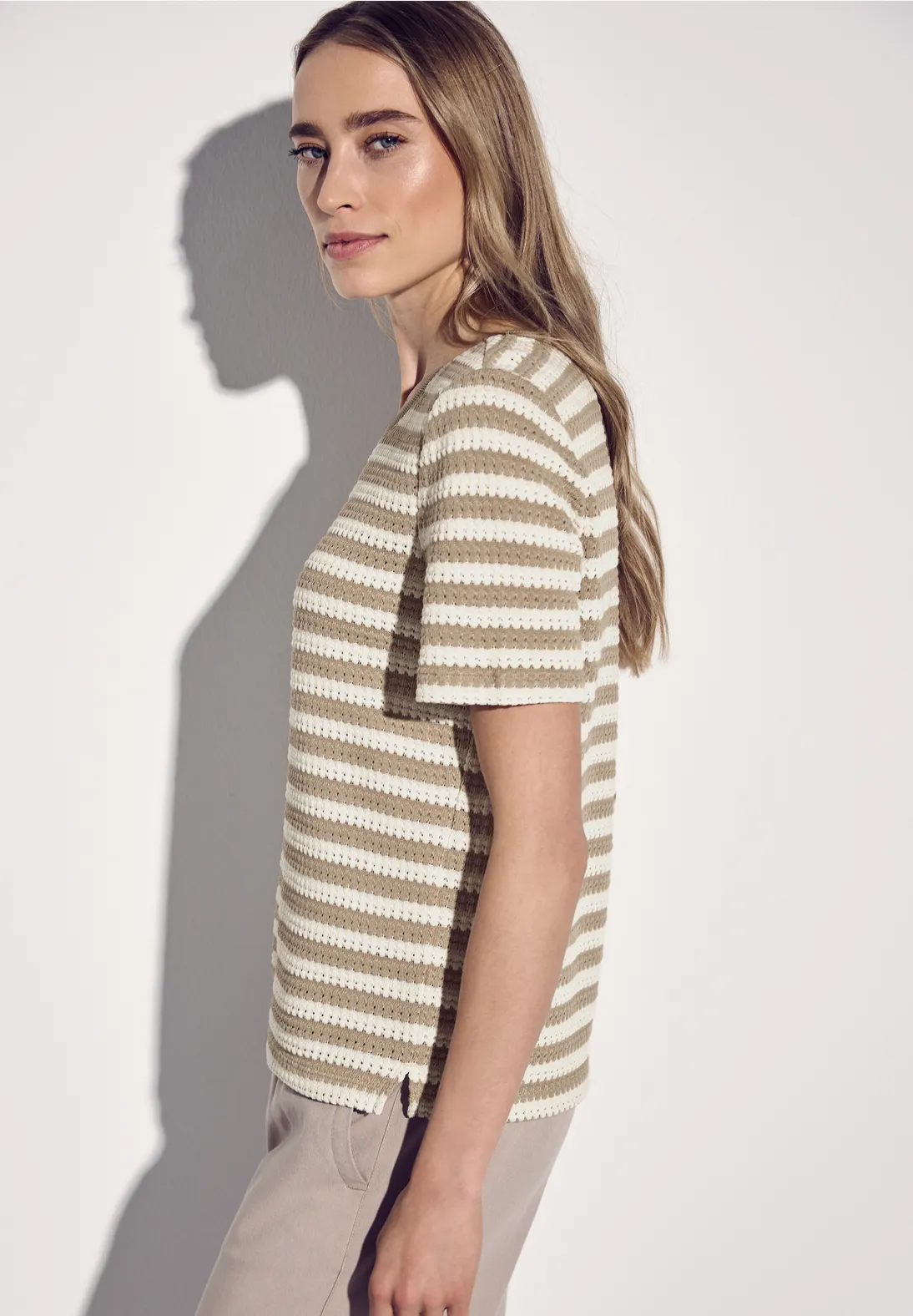 Street One Knit Jumper with Stripes - Safari Beige