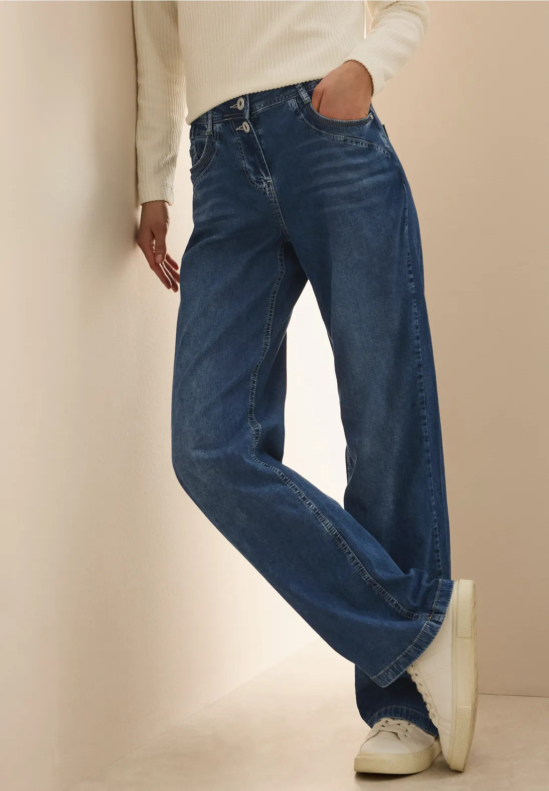 Cecil Wide Leg Jeans Neele - Mid Blue Used Wash