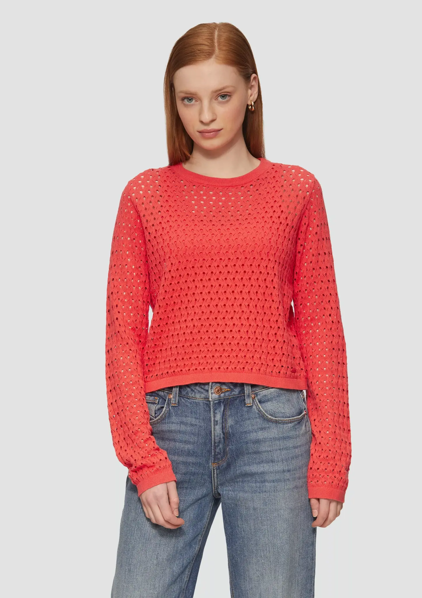 QS by S. Oliver Verkürztes Langarmshirt mit Ajourmuster - Red