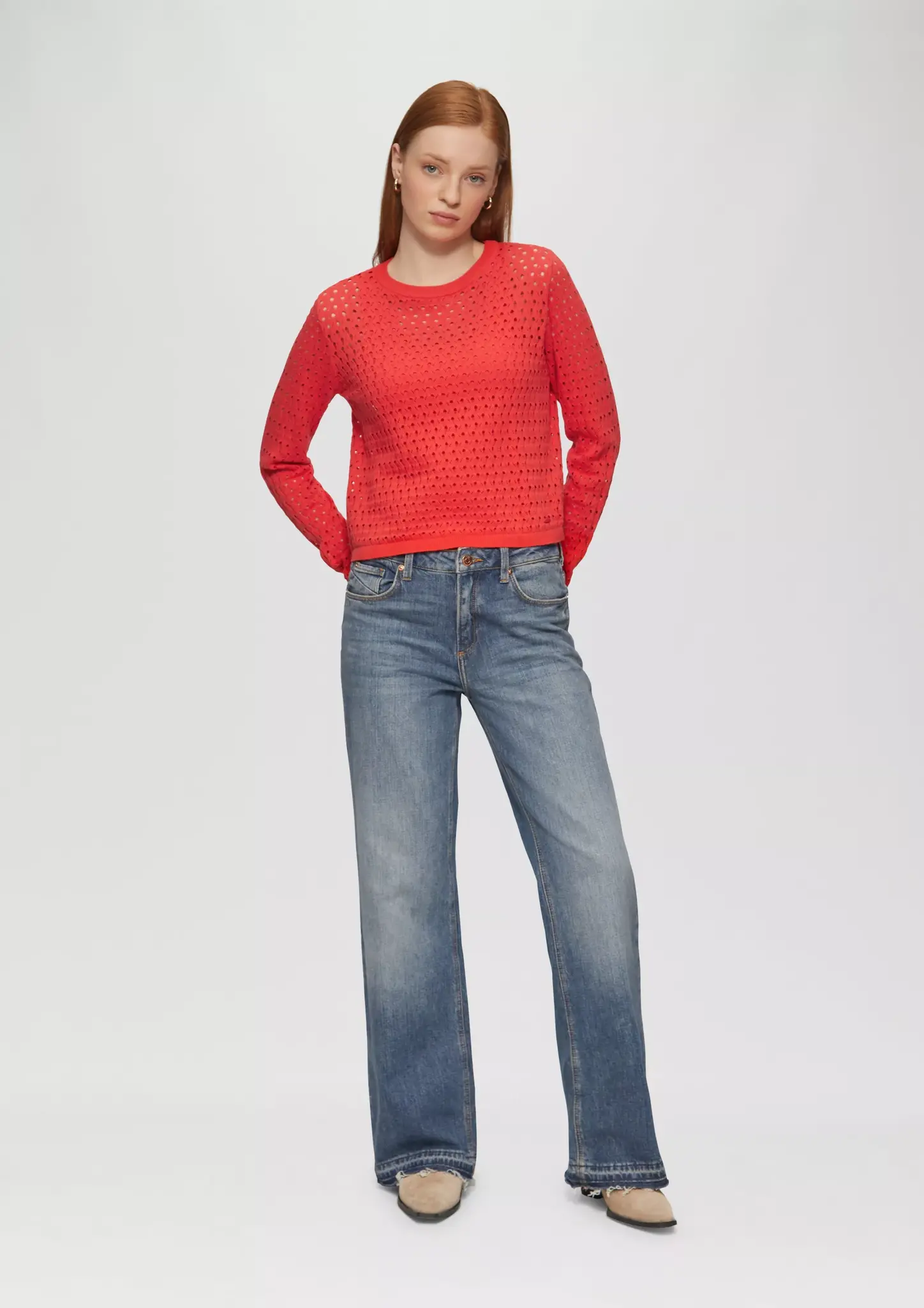 QS by S. Oliver Verkürztes Langarmshirt mit Ajourmuster - Red