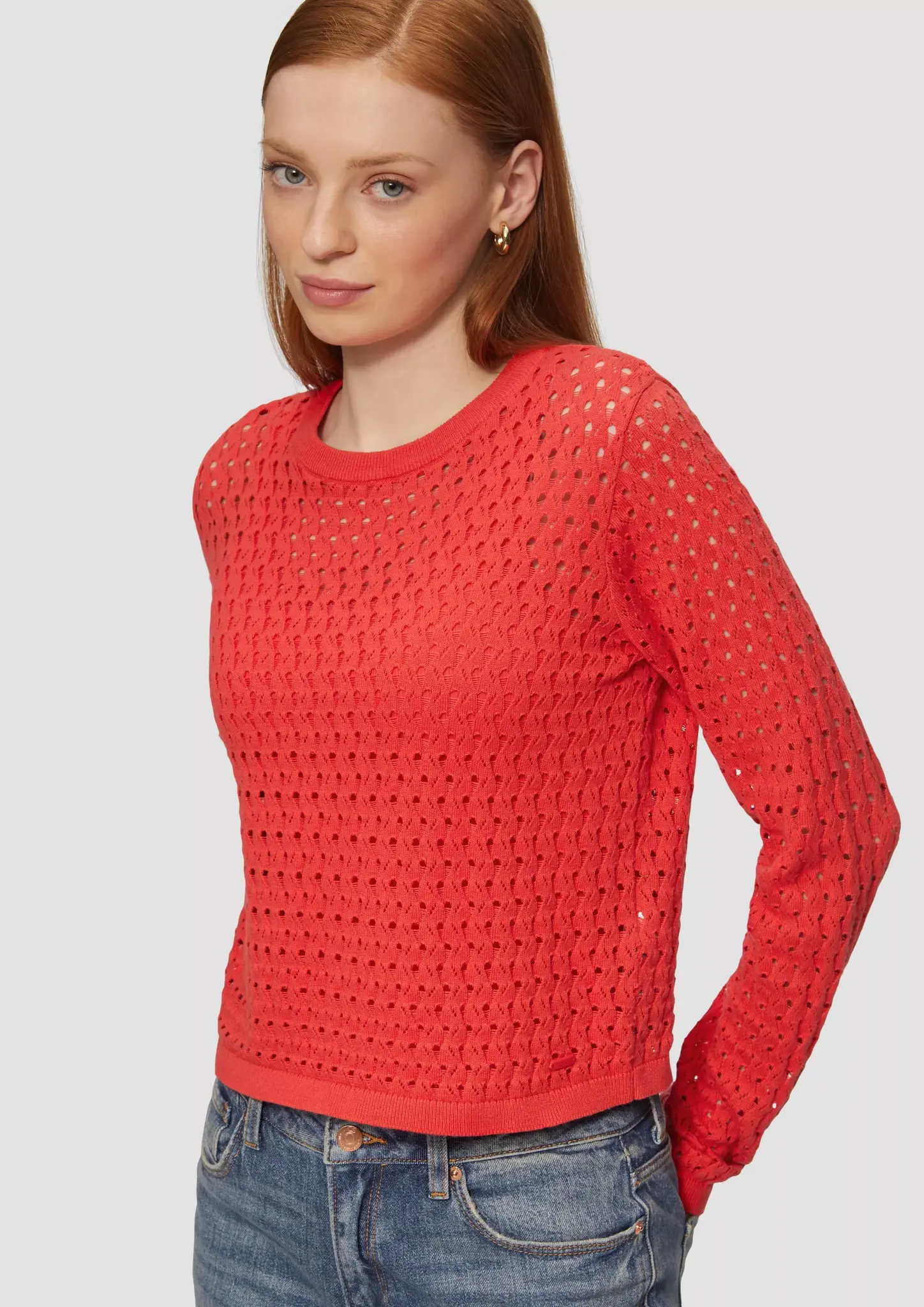 QS by S. Oliver Verkürztes Langarmshirt mit Ajourmuster - Red
