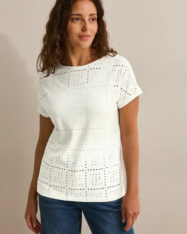 Cecil T-Shirt mit Lochmuster - Vanilla White