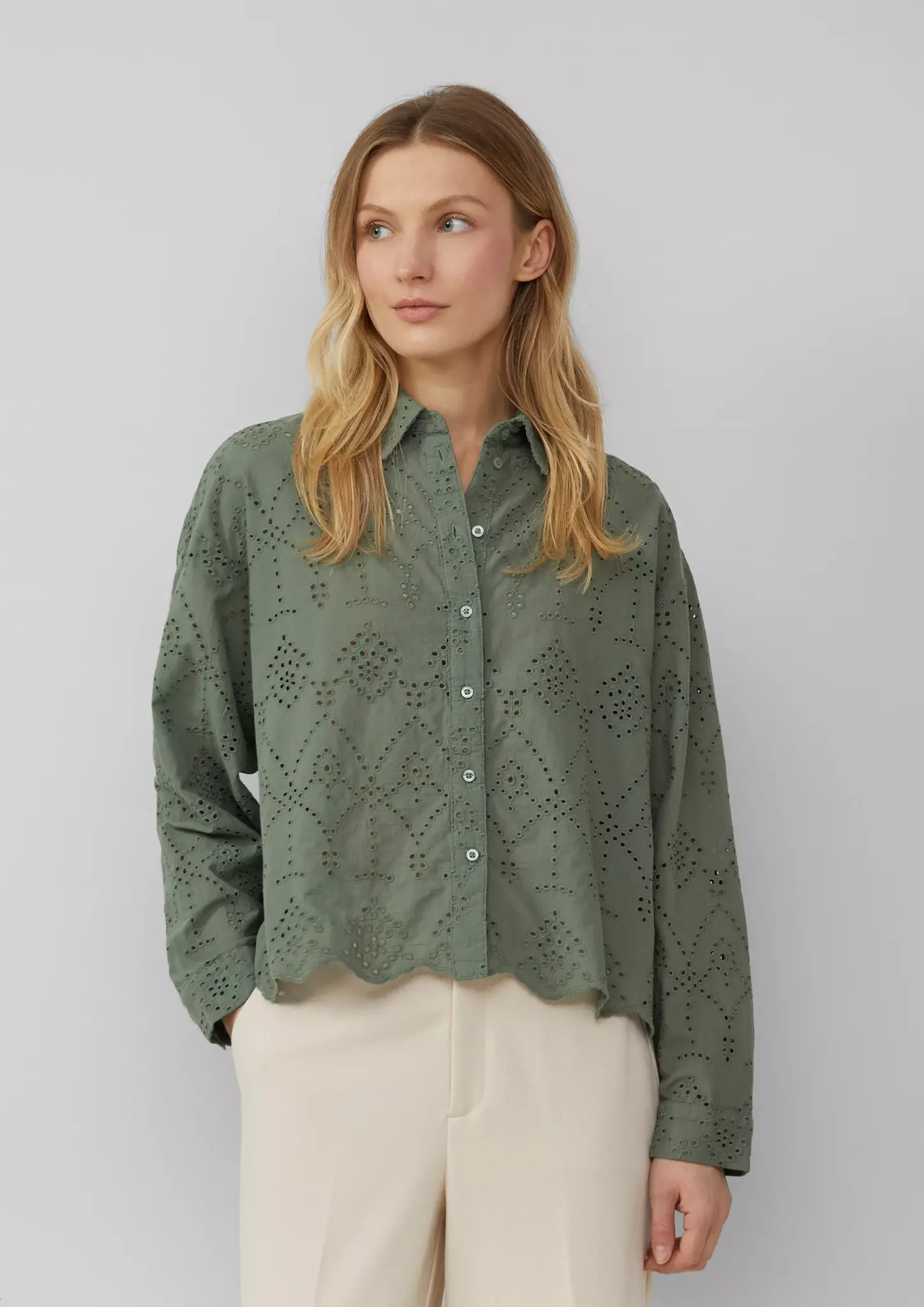S. Oliver Korte Ajour Blouse - Dark Sage Green