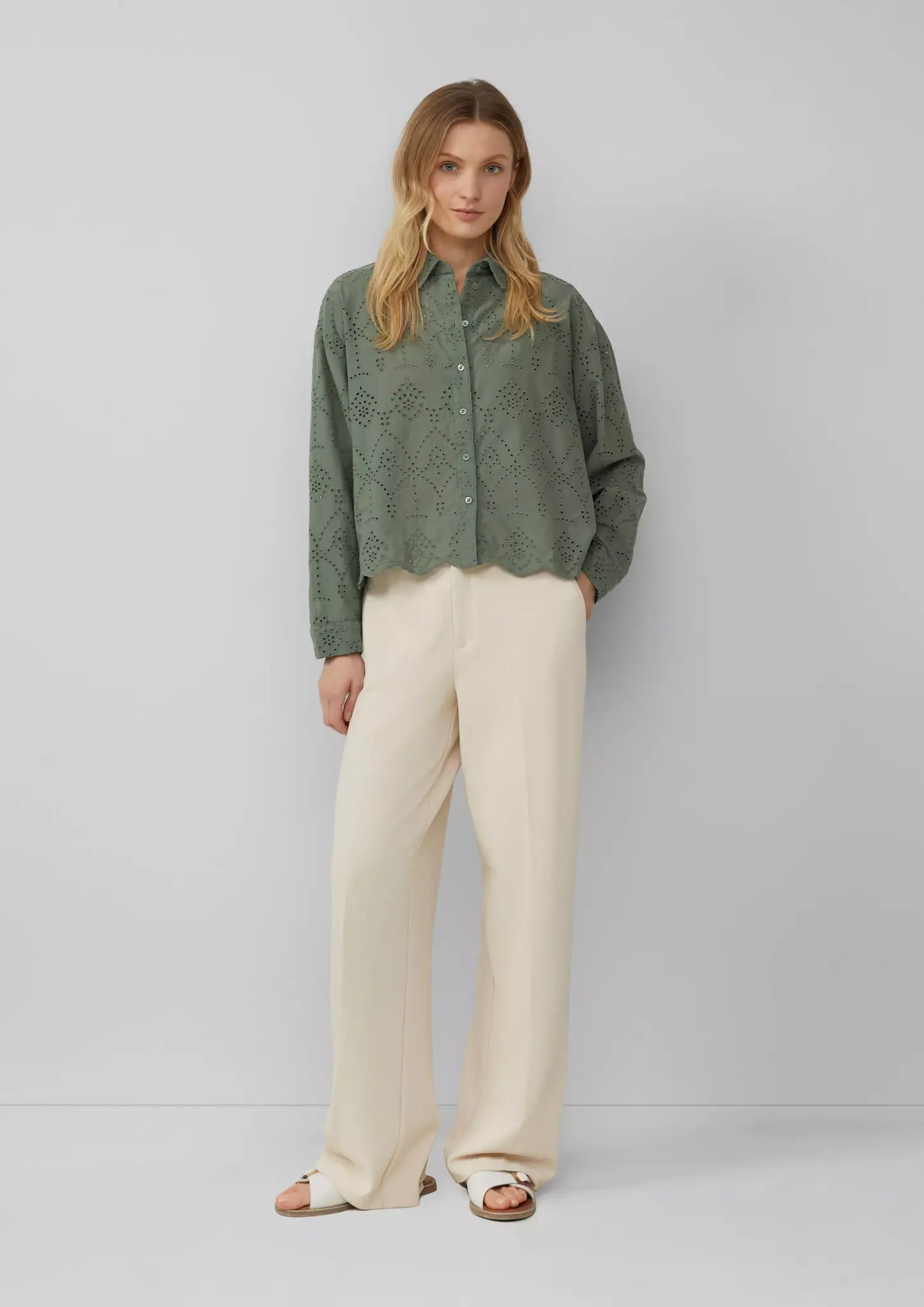 S. Oliver Korte Ajour Blouse - Dark Sage Green