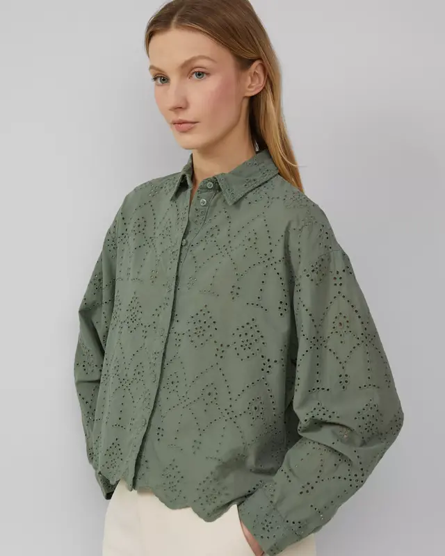 S. Oliver Kurze Ajour Bluse - Dark Sage Green