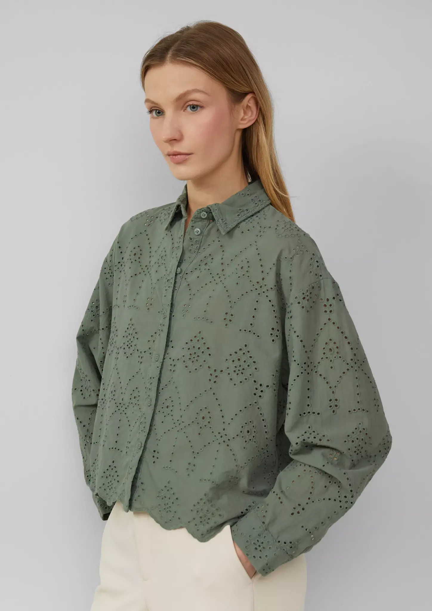 S. Oliver Korte Ajour Blouse - Dark Sage Green