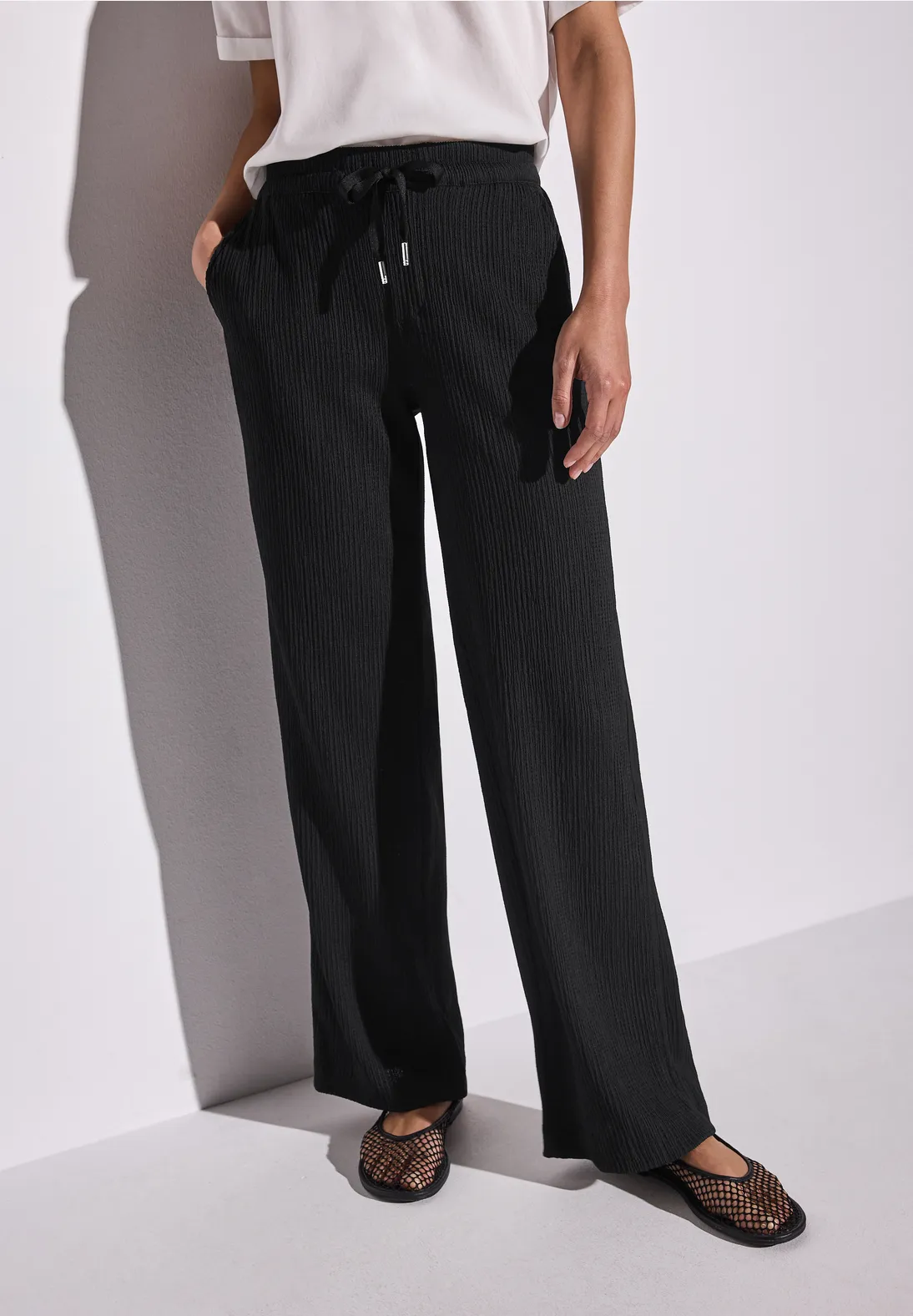Street One Wide Leg Broek met Structuur - Black