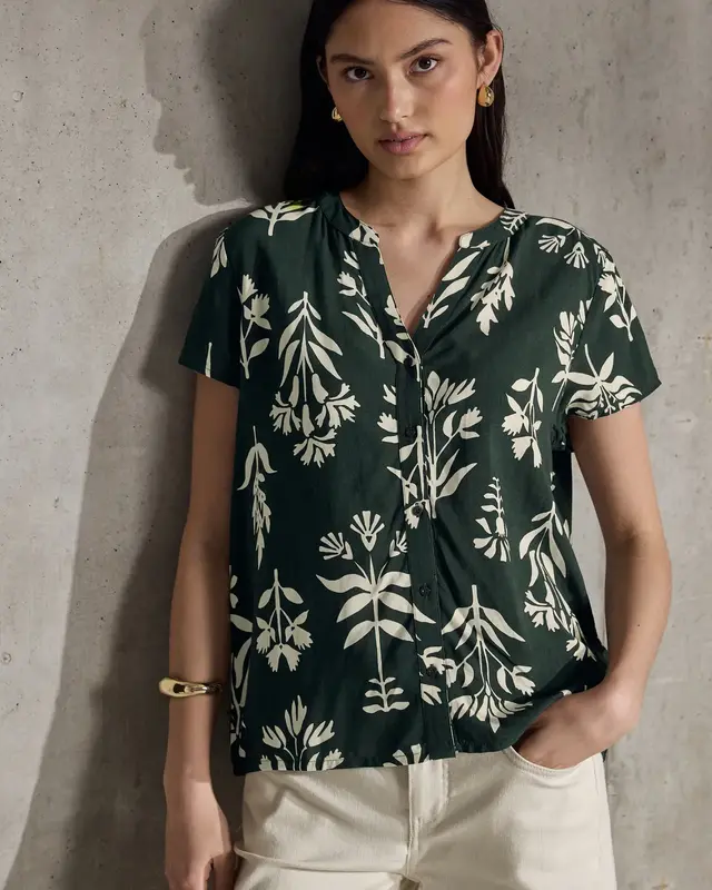 Street One Studio Gemusterte Kurzarmbluse - Desert Pine Green