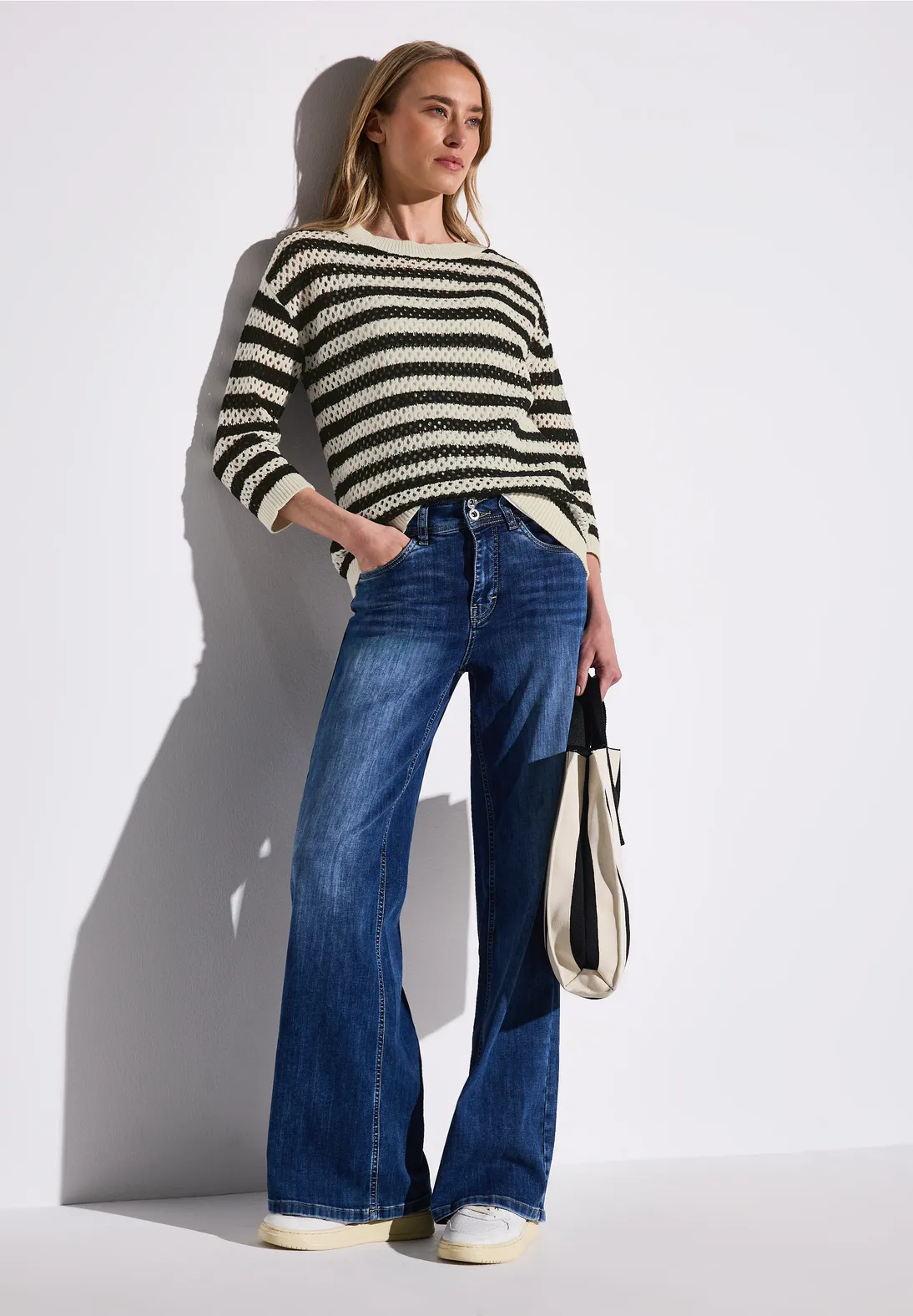 Street One Gestreepte Mesh Trui - Black