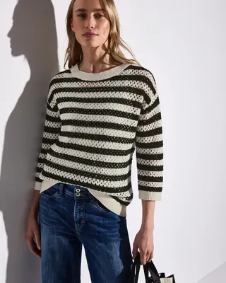 Street One Gestreifter Mesh-Pullover - Black