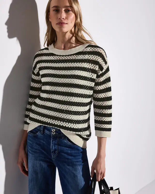 Street One Gestreepte Mesh Trui - Black