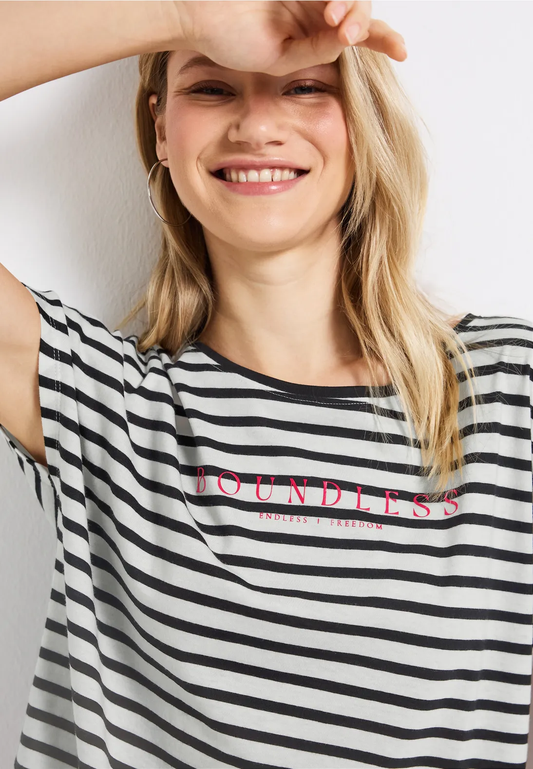 Street One Gestreept Shirt met Tekst - Black