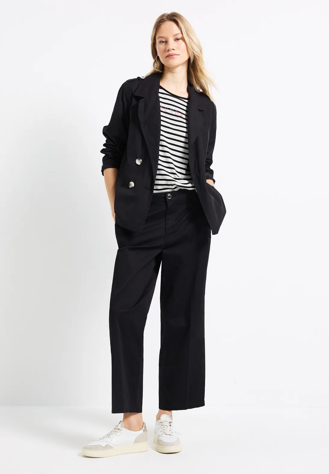 Street One Gestreept Shirt met Tekst - Black