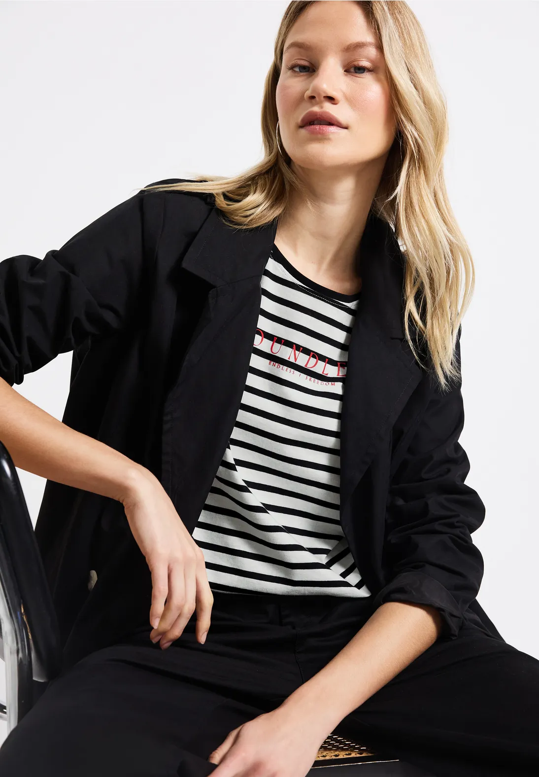 Street One Gestreept Shirt met Tekst - Black