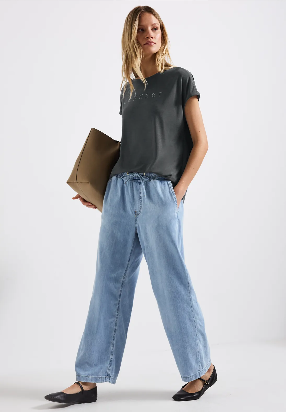 Street One Silk-Look Shirt mit Wording - Granite Grey