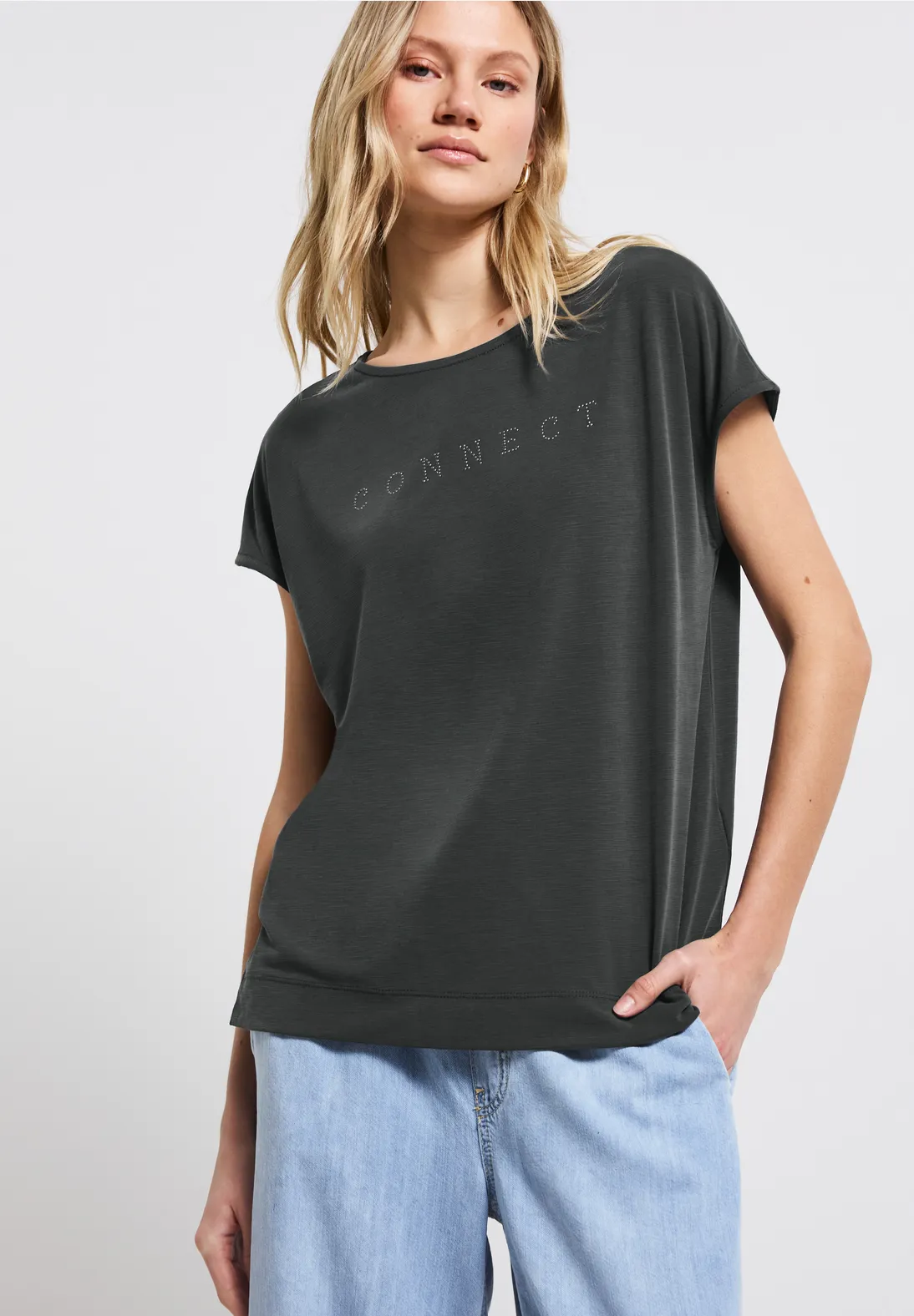Street One Silk-Look Shirt mit Wording - Granite Grey