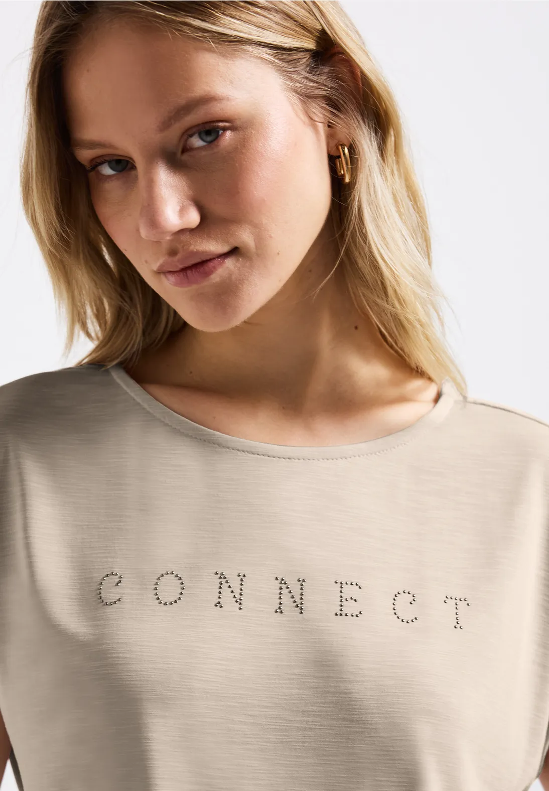 Street One Silk-Look Shirt with Text - Coastal Beige