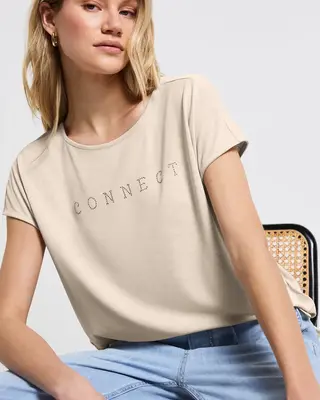 Street One Silk-Look Shirt with Text - Coastal Beige