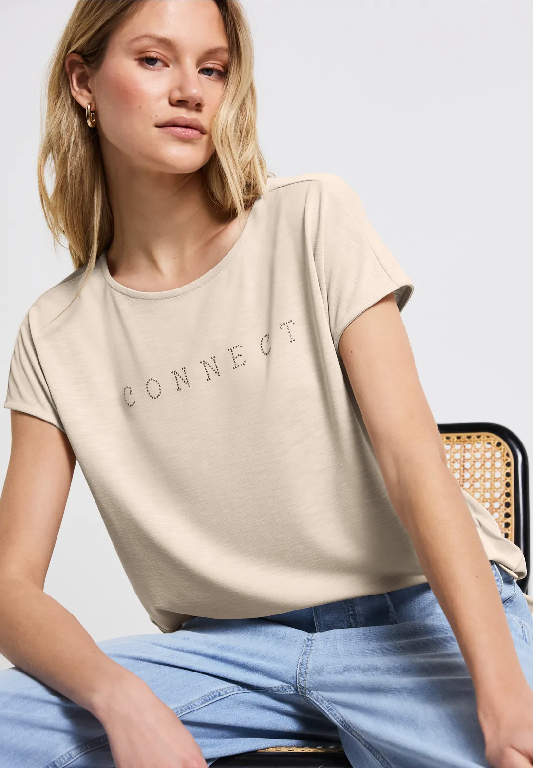 Street One Silk-Look Shirt with Text - Coastal Beige