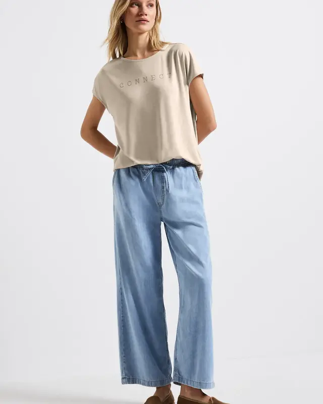 Street One Silk-Look Shirt with Text - Coastal Beige