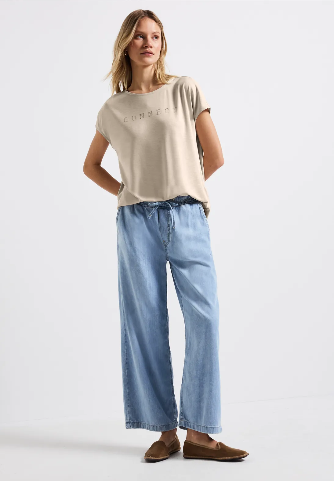 Street One Silk-Look Shirt with Text - Coastal Beige