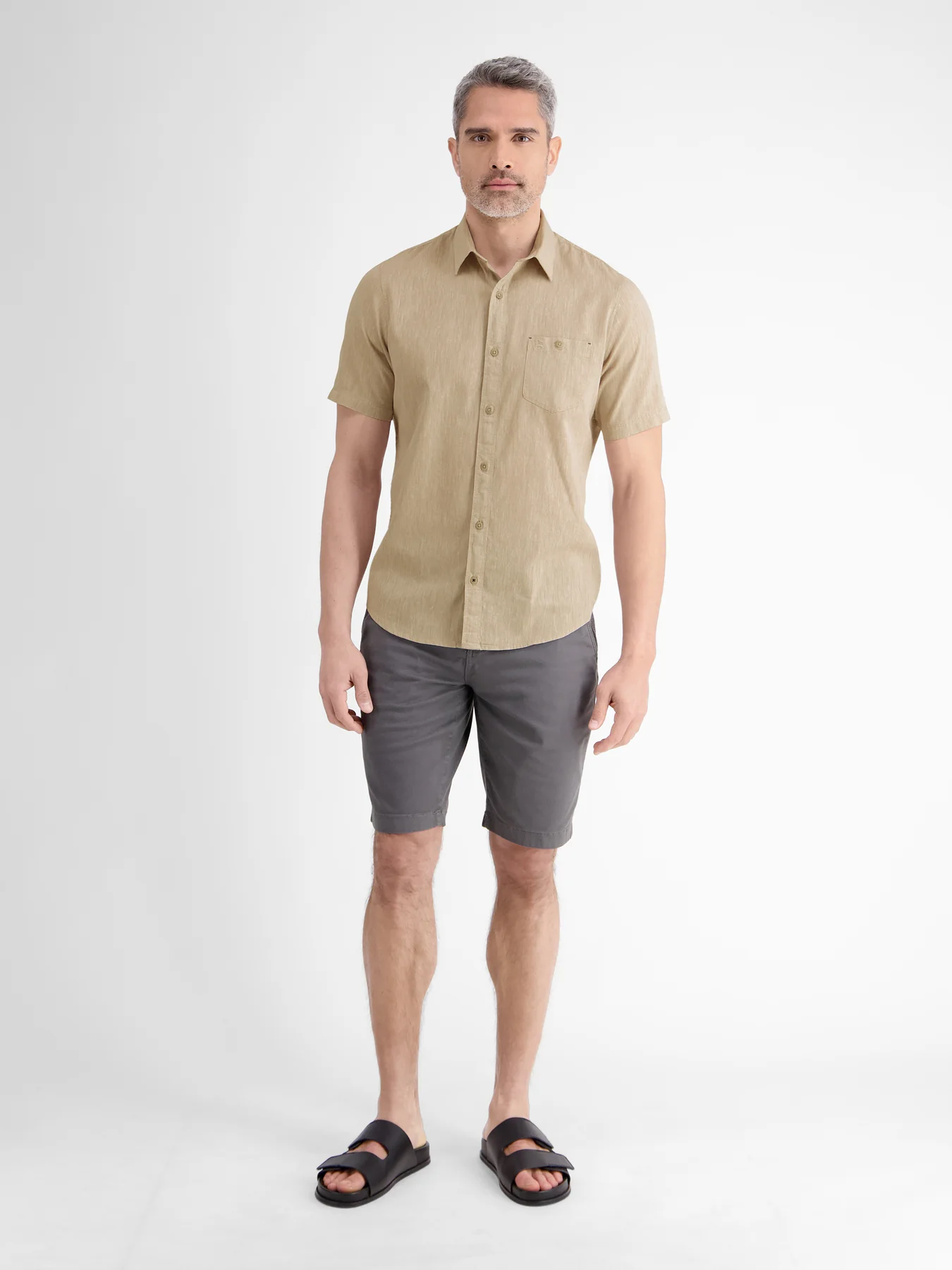 Lerros Katoen/Linnenmix Overhemd met Korte Mouw - Light Dune Beige