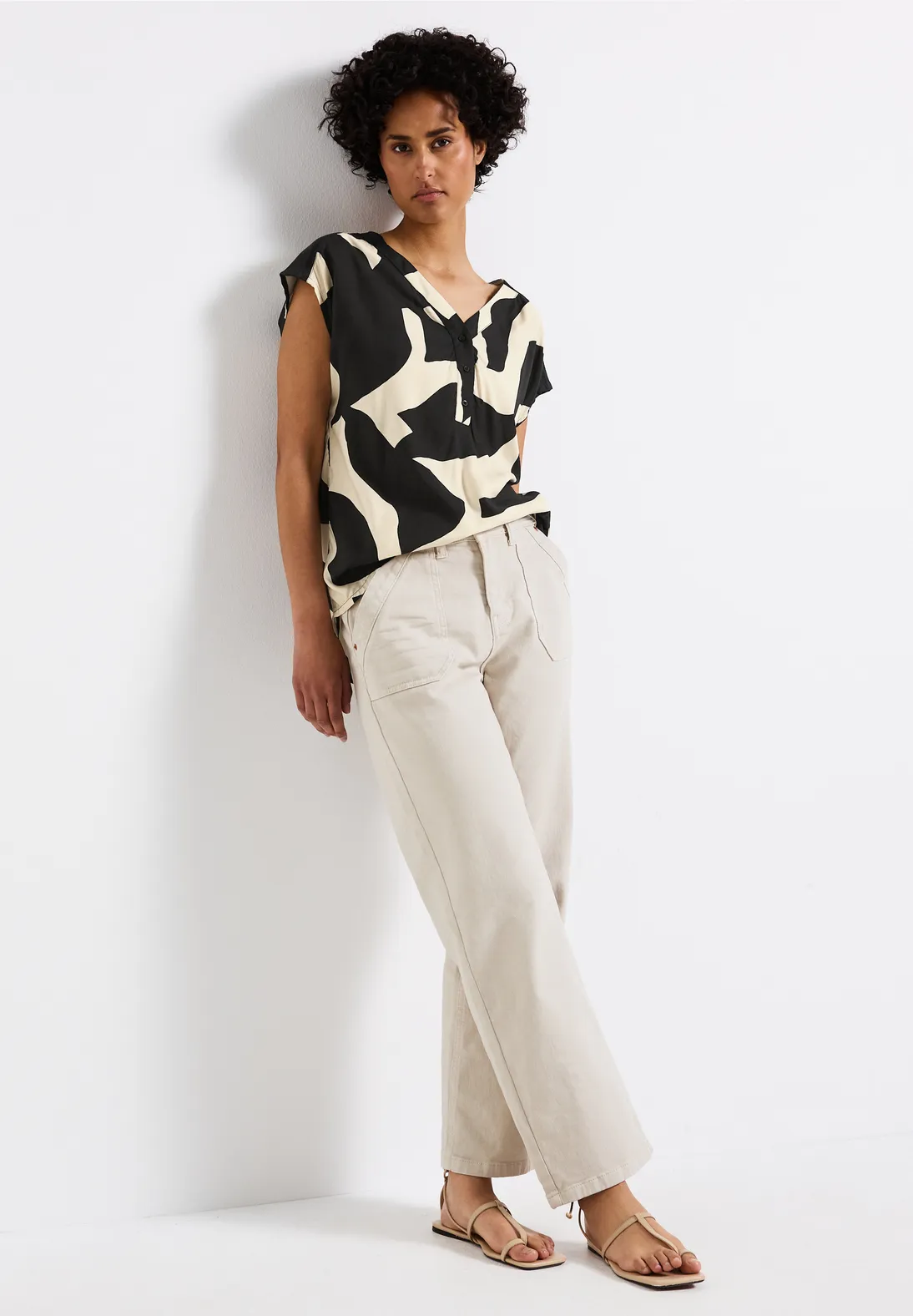 Street One Gemusterte Bluse - Whale Tail Grey