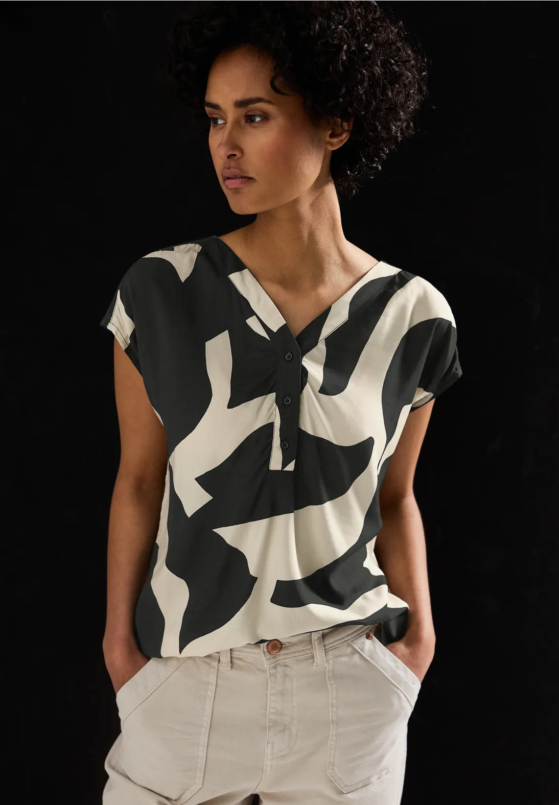 Street One Gemusterte Bluse - Whale Tail Grey