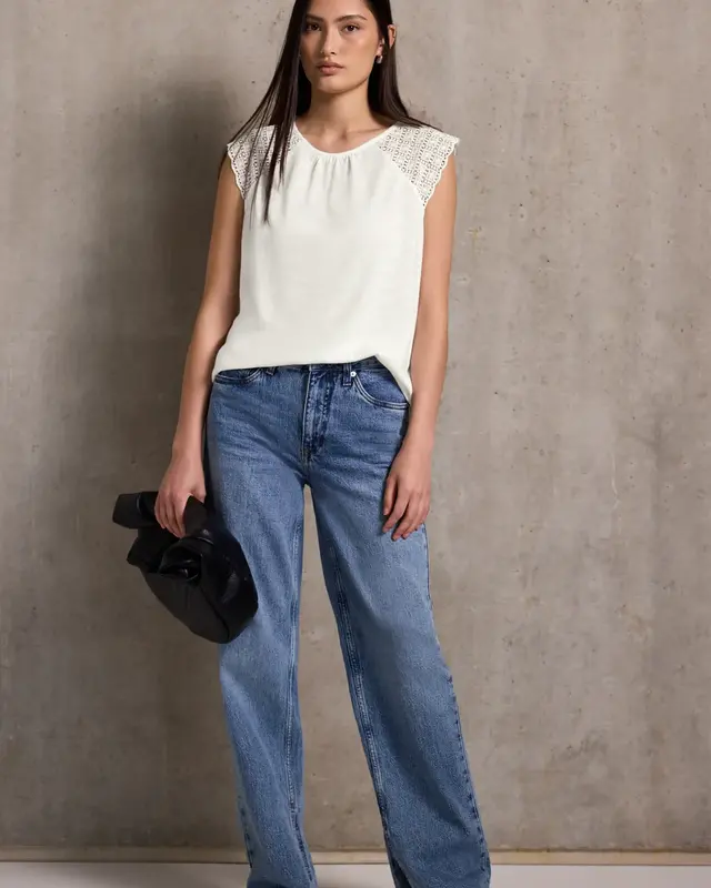 Street One Studio Linen Look Top with Lace - Off White