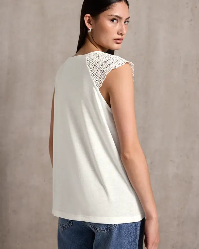 Street One Studio Linen Look Top with Lace - Off White