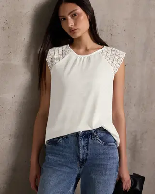 Street One Studio Linen Look Top with Lace - Off White