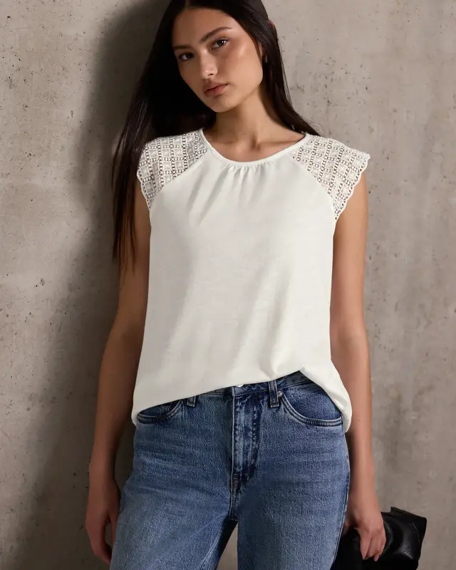 Street One Studio Linen Look Top with Lace - Off White