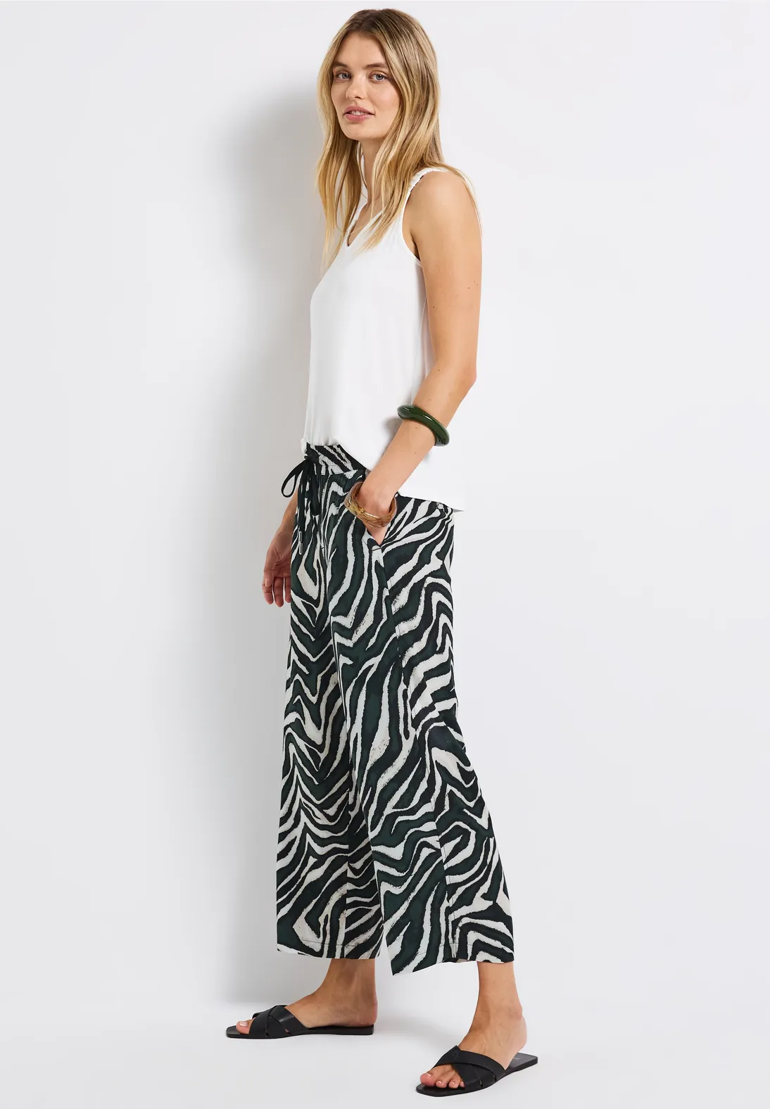 Street One Wide Leg Print Pants Emee - Pine Grove Green