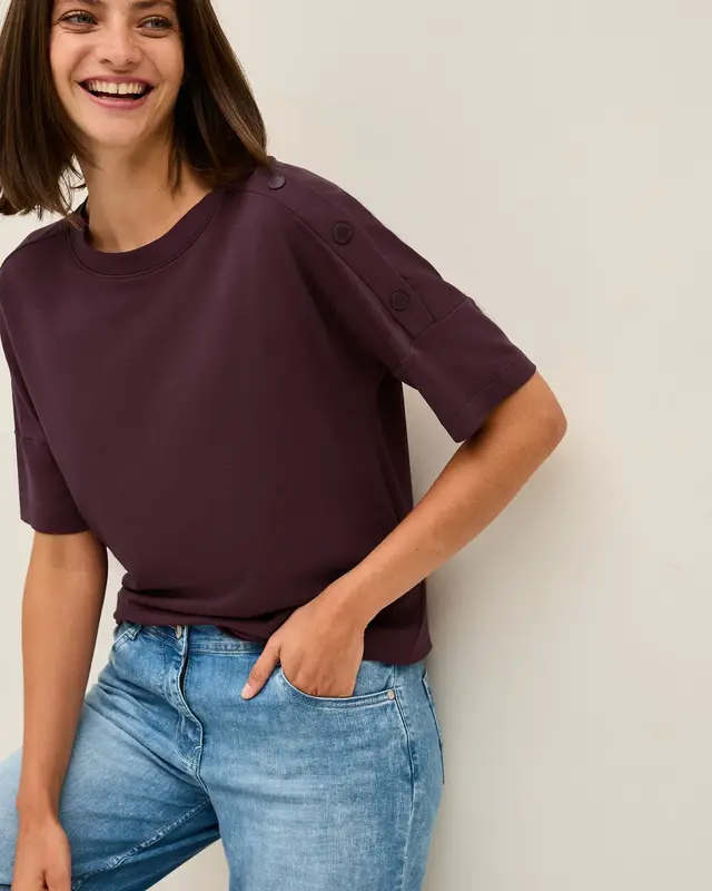 Cecil T-Shirt with Button Detail - Mulberry Red