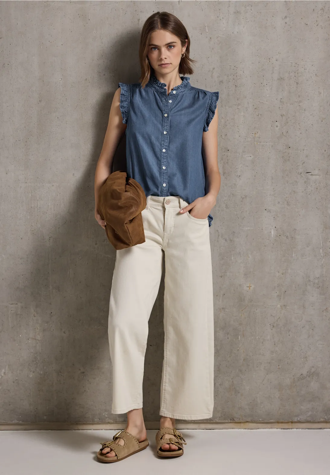 Street One Studio Bluse mit Rüschendetails - Medium Blue Soft Washed