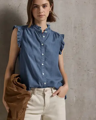 Street One Studio Blouse met Ruches - Medium Blue Soft Washed