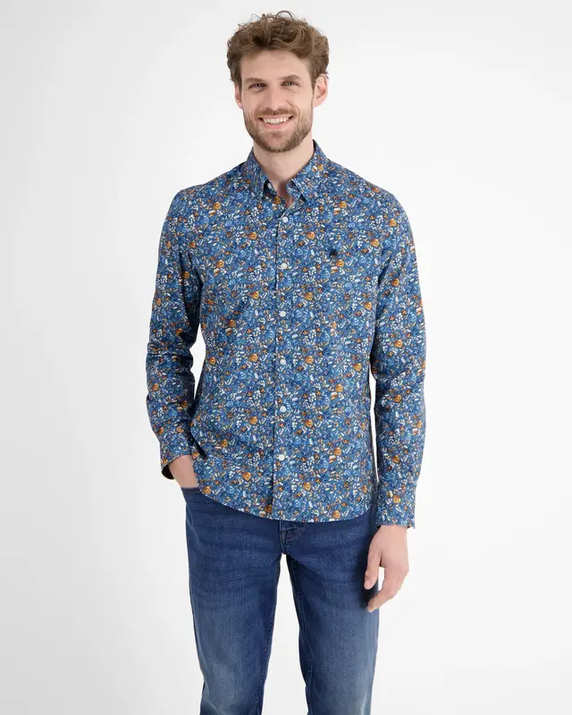 Lerros Stretch Overhemd met Bloemen - Storm Blue