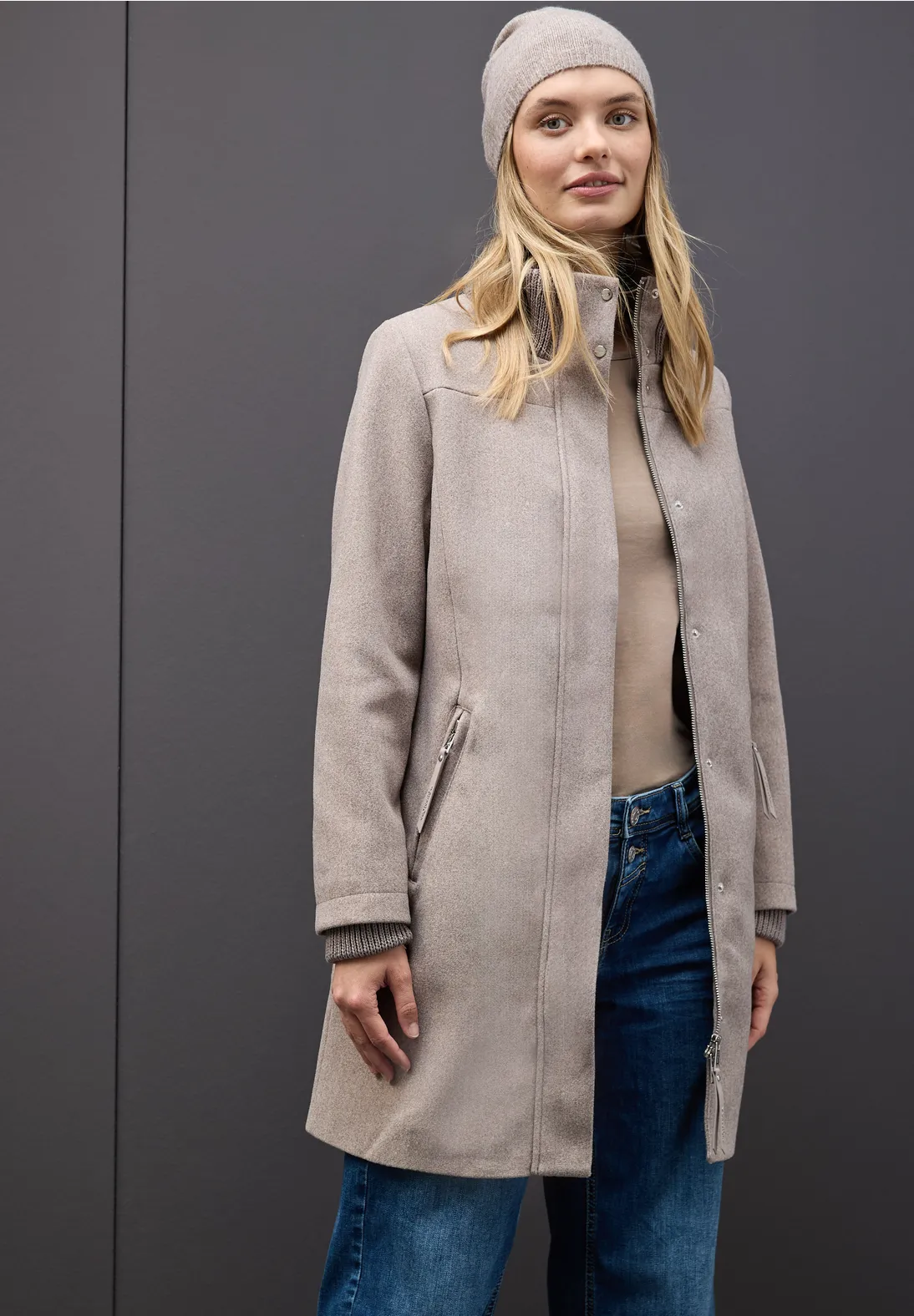 Street One Coat with Knit Details - Sandy Mocca Melange | - Cotton