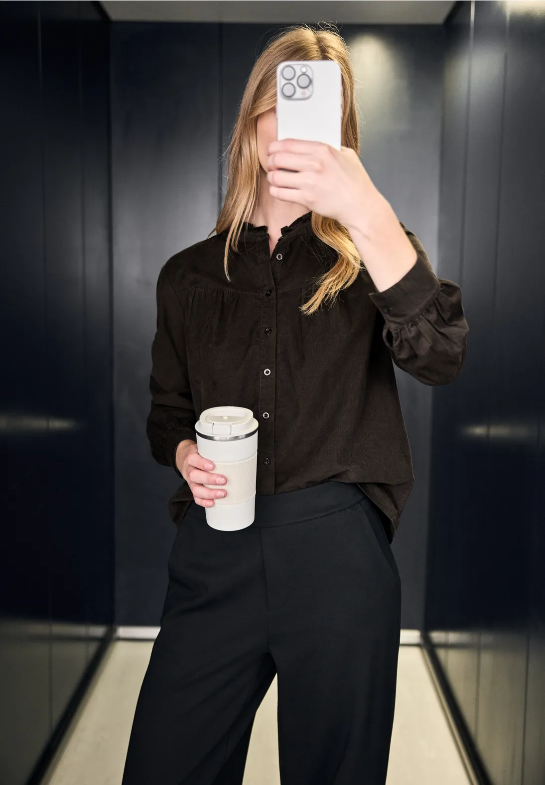 Street One Studio Corduroy Blouse with Ruffles - Dark Auburn Brown