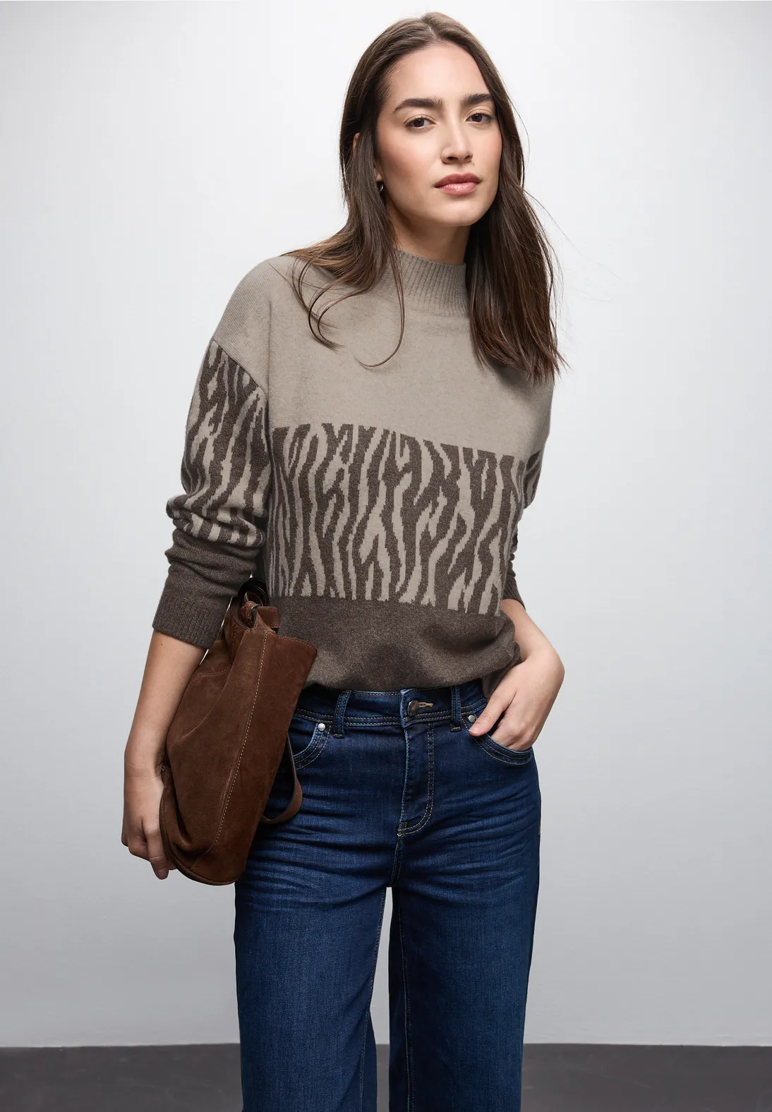 Street One Color Block Jacquard Sweater - Dark Nomad Brown Melange