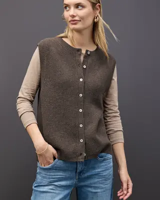 Street One Ärmelloser Cosy Cardigan - Dark Nomad Brown Melange