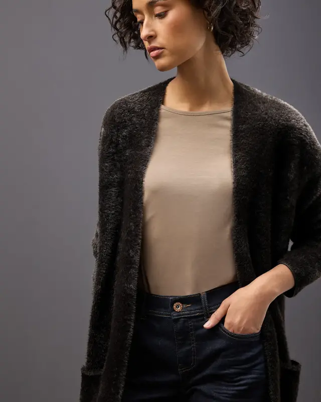 Street One Langer Federgarn Cardigan - Darkest Brown