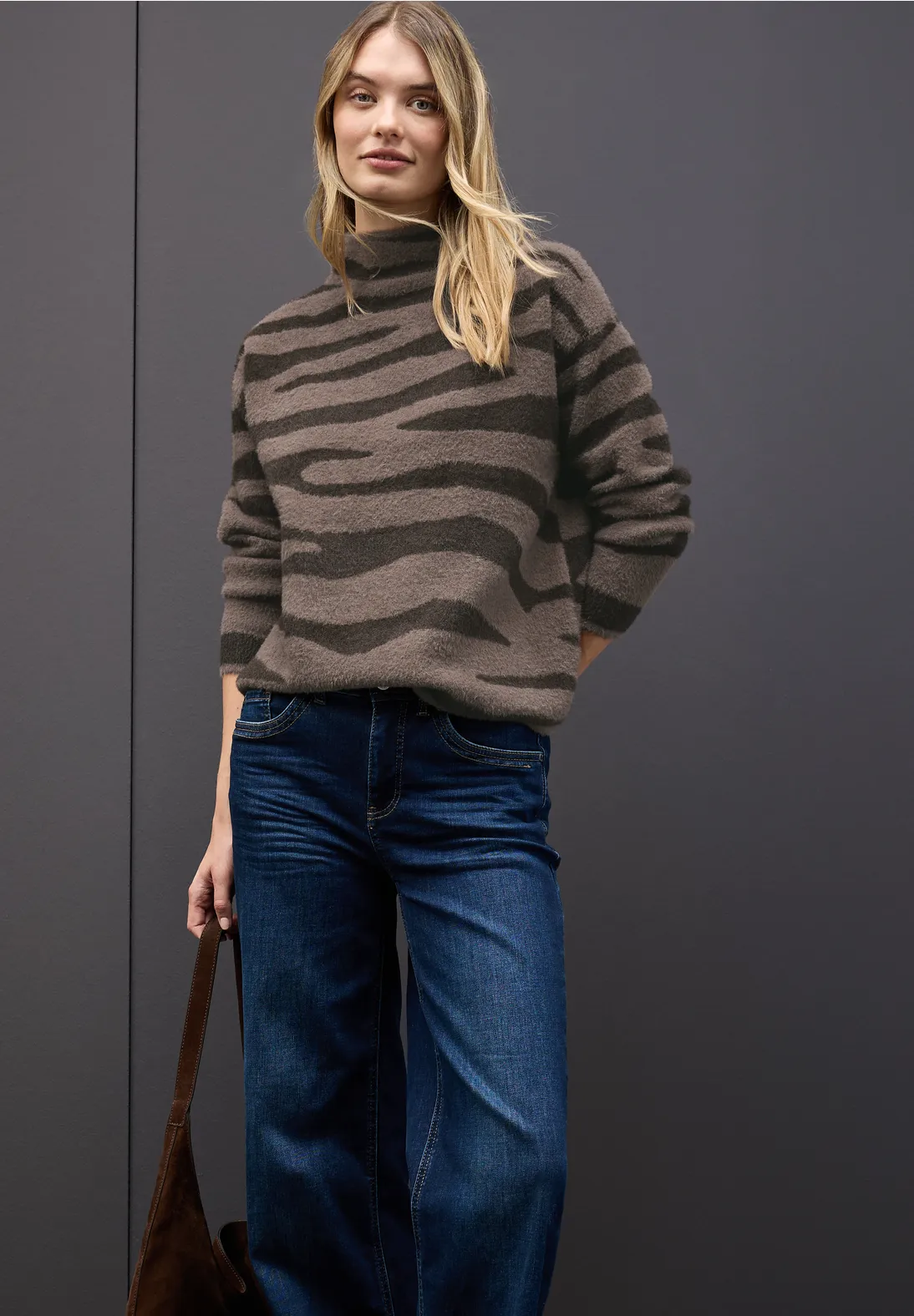 Jupe Zèbre Street One - Jacquard Marron, Mi-longue, Taille 34, Poches Latérales, Fermeture éclair Dos - 2