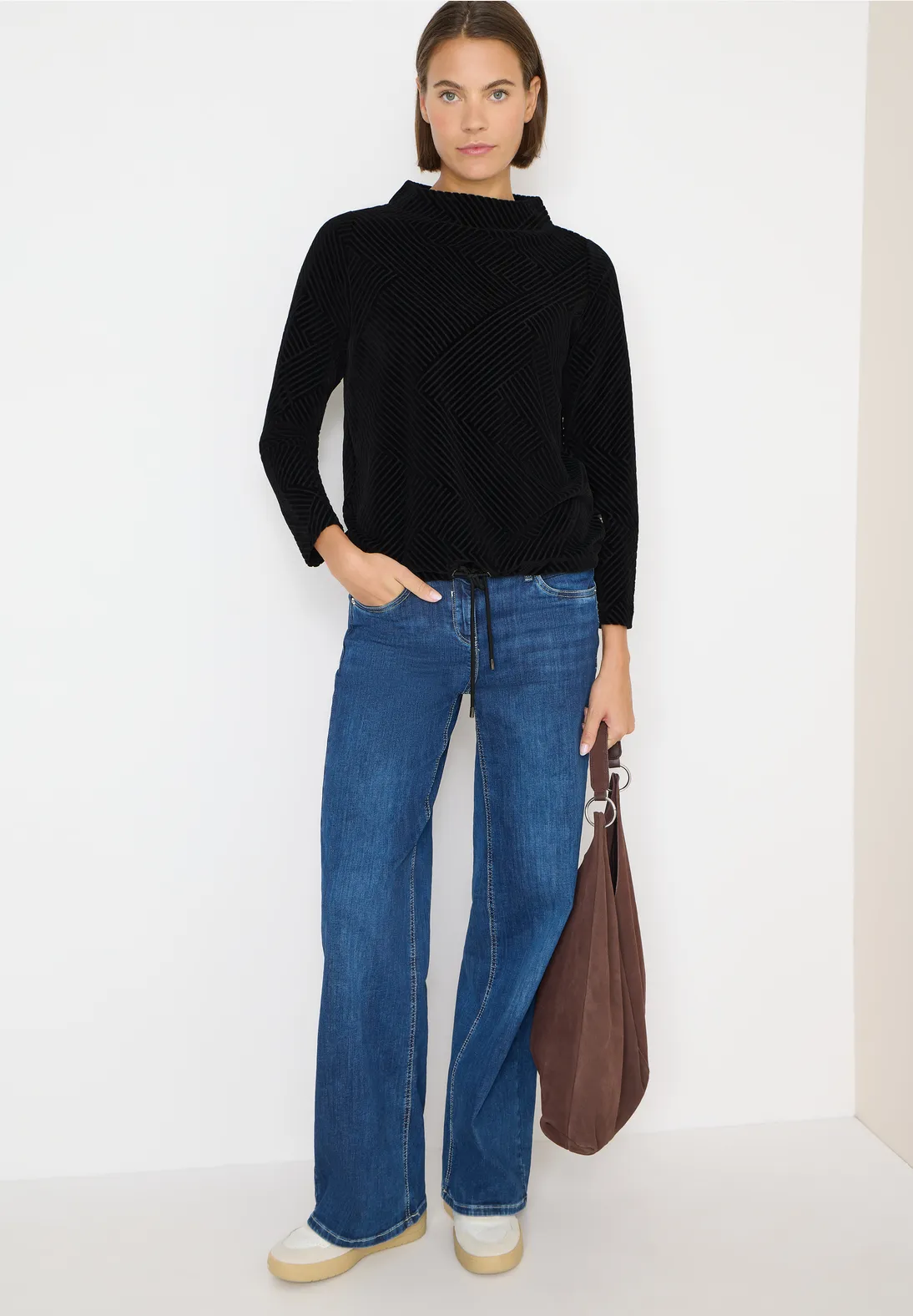 Cecil Shirt met Structuur en Trechtervormige Hals - Black