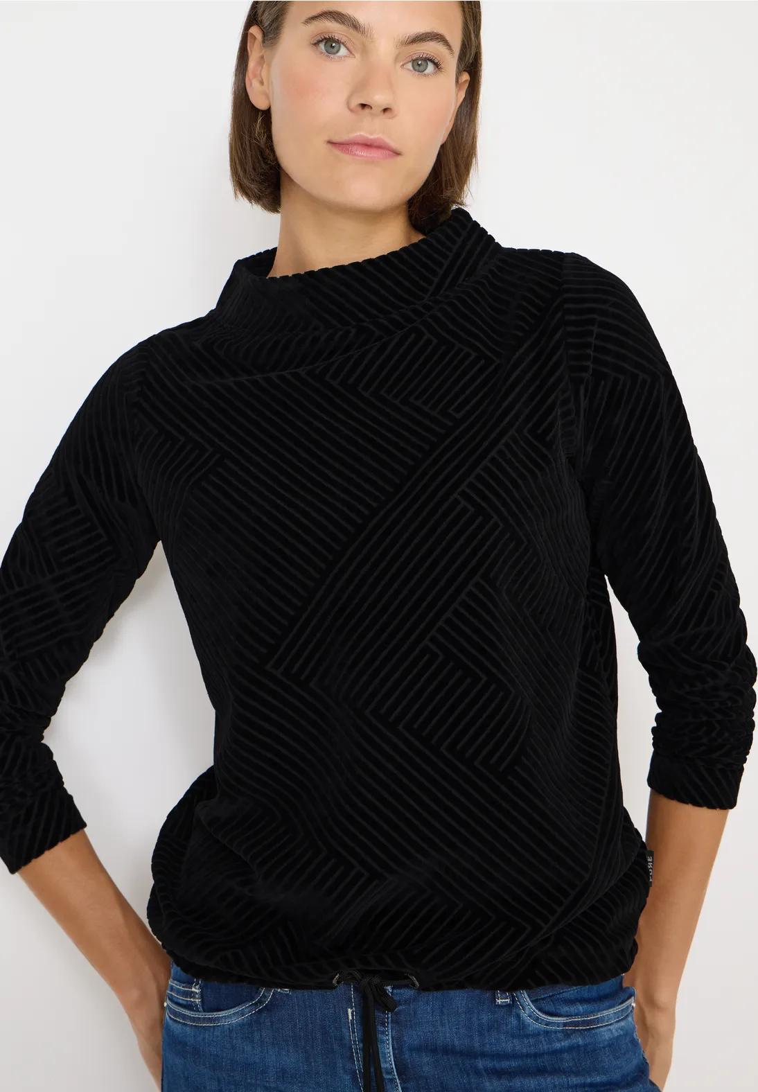 Cecil Shirt met Structuur en Trechtervormige Hals - Black